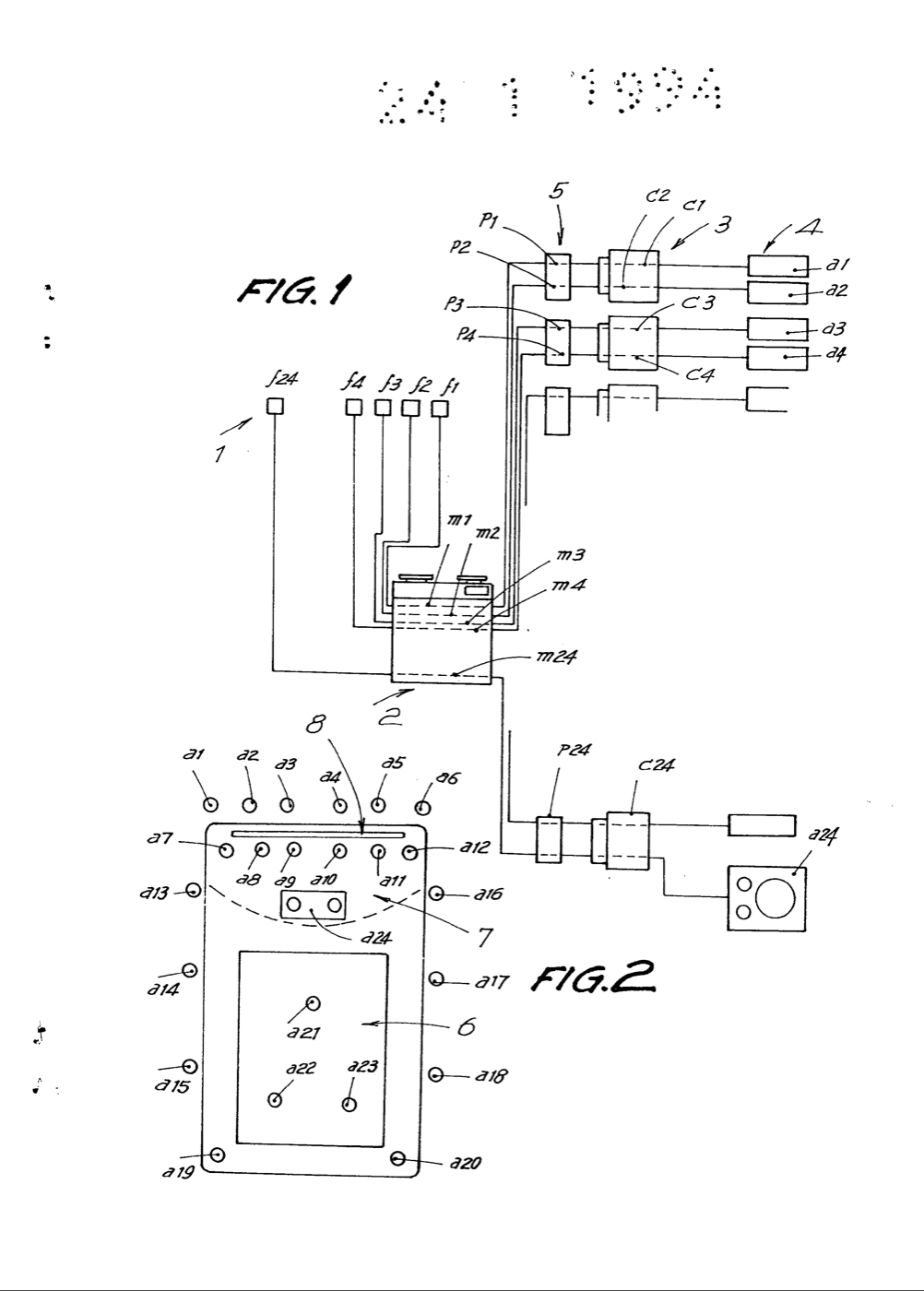 Figures 1 and 2 of the 1994 patent: twenty-four sources, each on its own track, its own amplifier and its own loudspeaker, and a plan of the room showing where the twenty-four loudspeakers go.